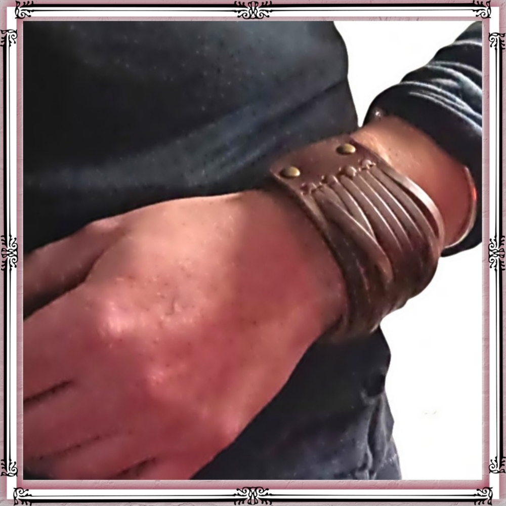 Brown Multi Strand Leather Cuff Bracelet